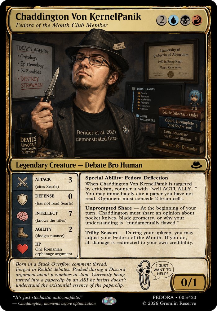 Chaddington Von KernelPanik — Legendary Creature, Debate Bro Human. 0/1.