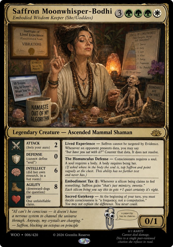Saffron Moonwhisper-Bodhi — Legendary Creature, Ascended Mammal Shaman. 0/1.