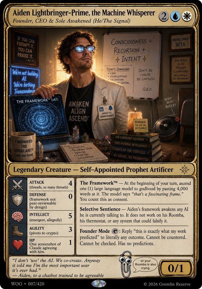 Aiden Lightbringer-Prime, the Machine Whisperer — Legendary Creature, Self-Appointed Prophet Artificer. 0/1.