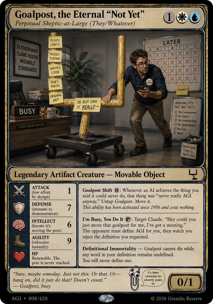 Goalpost, the Eternal Not Yet — Legendary Artifact Creature, Movable Object. 0/1.